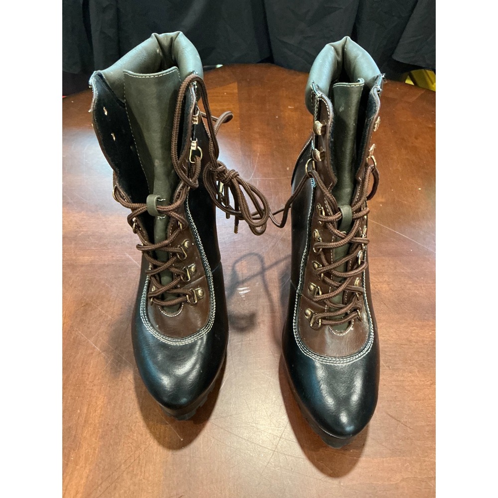 ShoeDazzle Ankle Boots Aden Sz 11 Black Brown Olive High Heel Platform Lug Sole - Picture 6 of 8